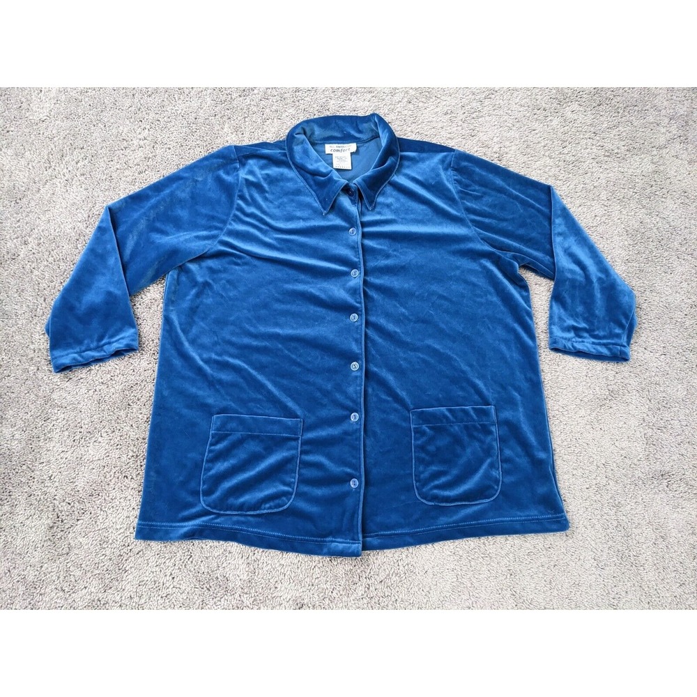 Vintage All American Comfort‎ Button Up Shirt Womens 1X Velvet Blue PLUS Size